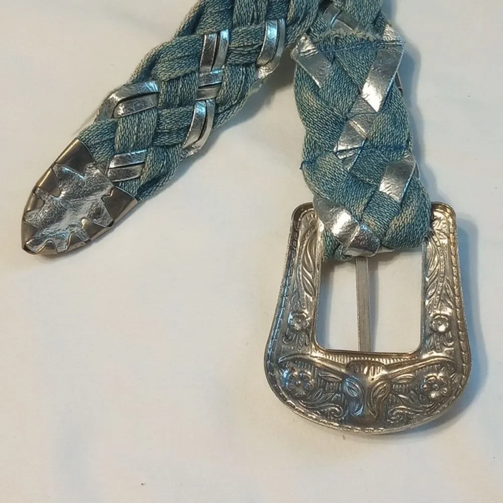 Girls Vintage Silver and Denium Braided Belt with Tin Buckle